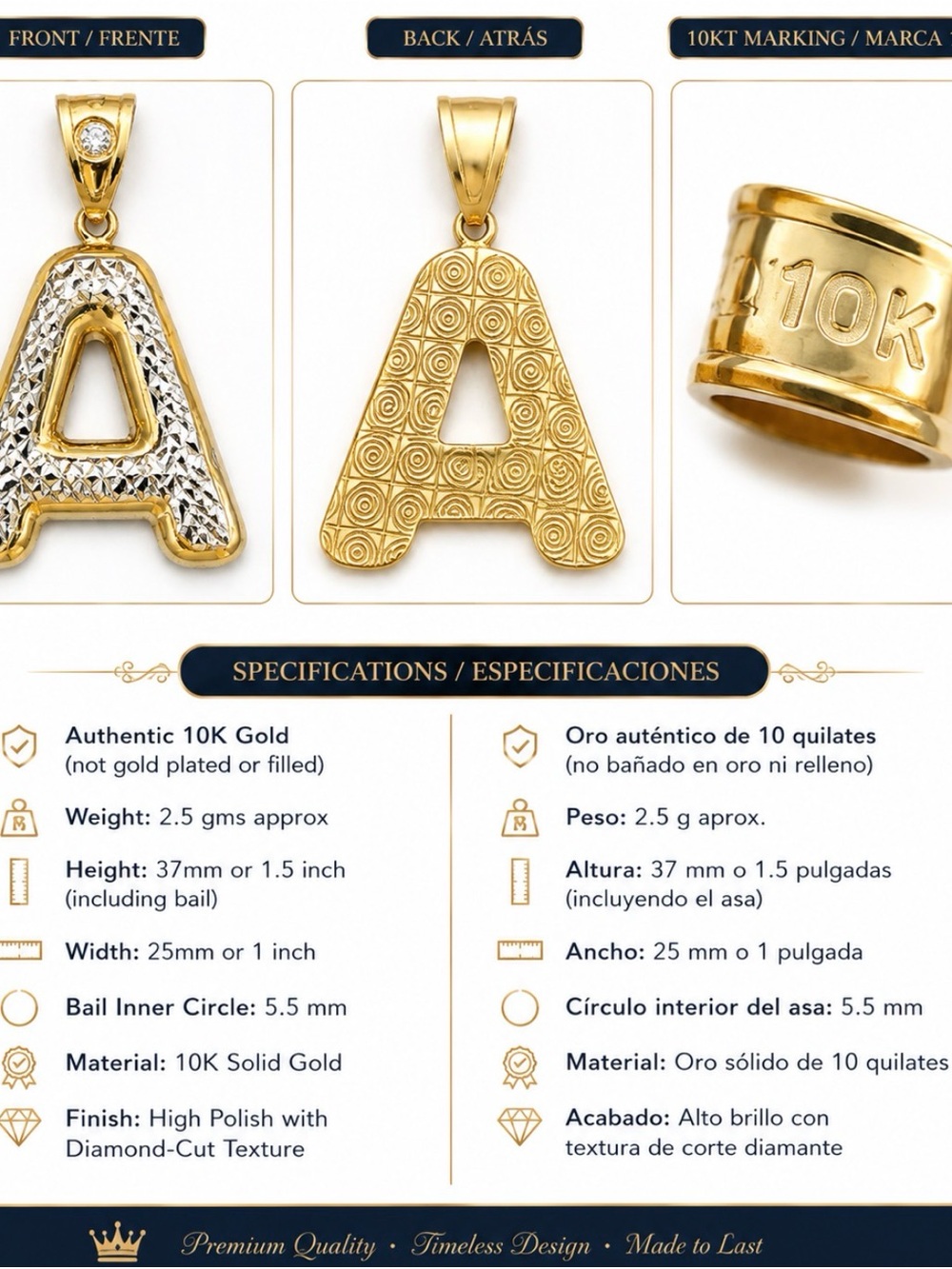 10K Gold Letter A Pendant - Two-Tone Diamond-Cut Finish